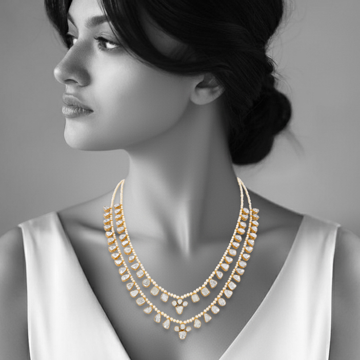 Twin-Line Polki Rani Haar with Pearl Accents in Open Setting